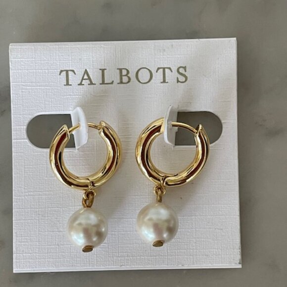 TALBOTS Pearl Gold Hoop Earrings - Picture 1 of 12